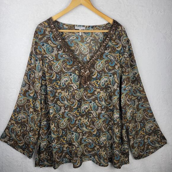 22W 24WBohemian Sequin V Neck Sheer Top Brown Paisley Print Flowy Long Sleeve - Picture 1 of 10